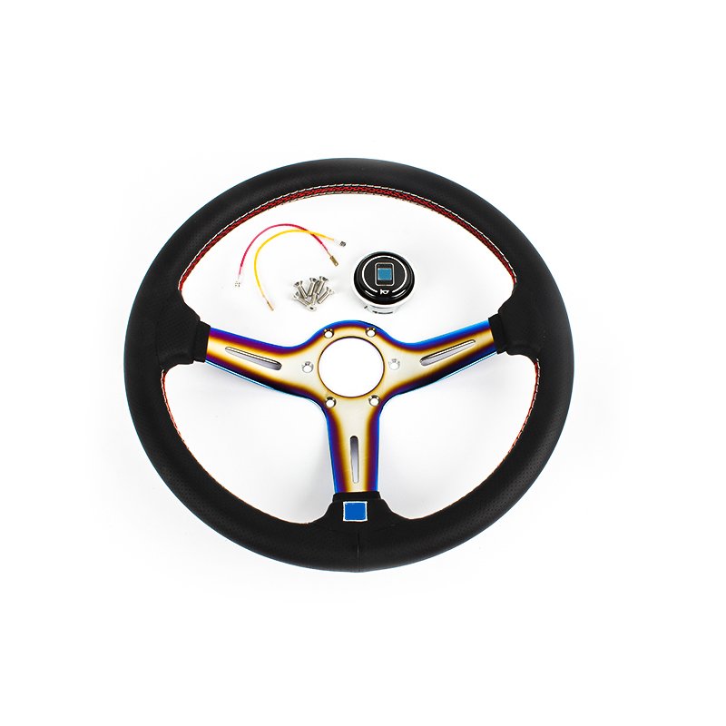 Deep Dish Style volante deportivo Steering Wheel Burnt Titanium Perforated Leather White Red stitch 350mm with Horn Button