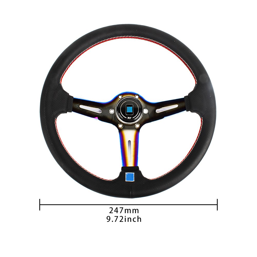 Deep Dish Style volante deportivo Steering Wheel Burnt Titanium Perforated Leather White Red stitch 350mm with Horn Button