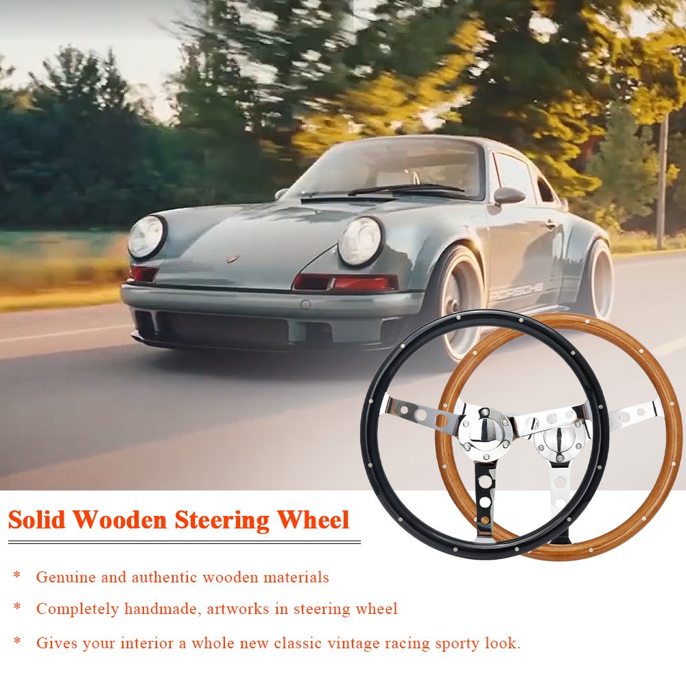 380mm/15 inch Black 6 Bolt Wood Steering Wheel Universal Wood Classic Car Steering Wheel
