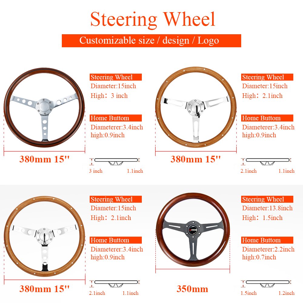 380mm/15 inch Black 6 Bolt Wood Steering Wheel Universal Wood Classic Car Steering Wheel