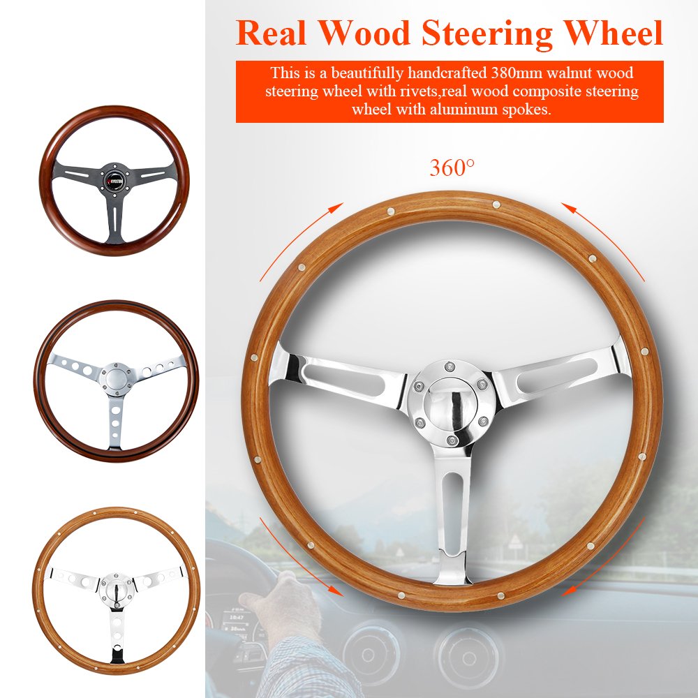 380mm/15 inch Black 6 Bolt Wood Steering Wheel Universal Wood Classic Car Steering Wheel