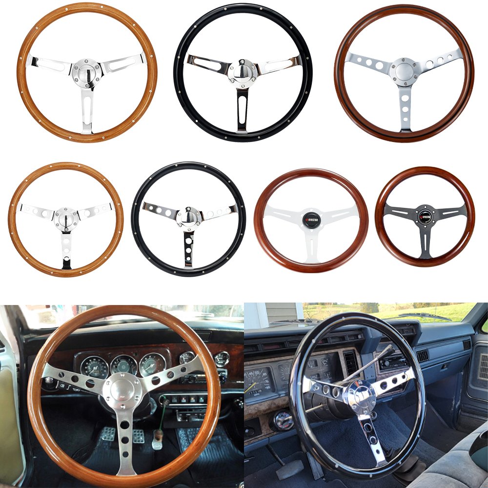 380mm/15 inch Black 6 Bolt Wood Steering Wheel Universal Wood Classic Car Steering Wheel