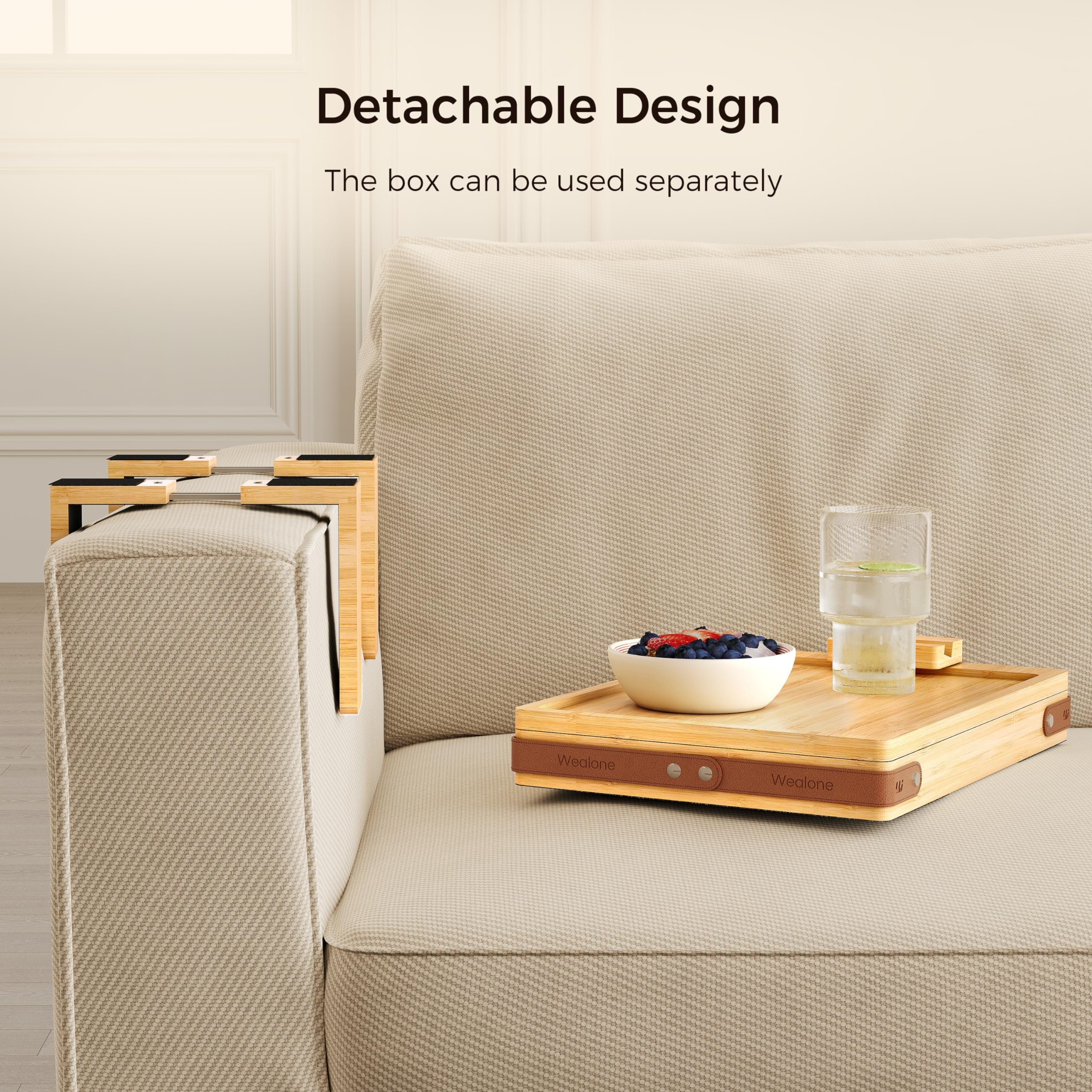 Bamboo Sofa Armrest Tray With Storage Box Bamboo Couch Arm Table With Rotating Tabletop and Phone Stand Sofa Arm Clip Table