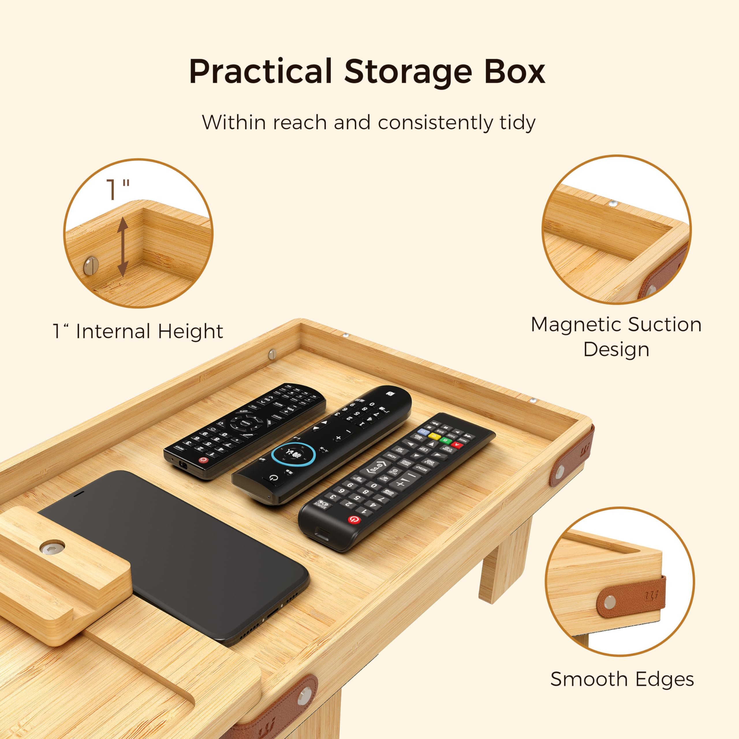 Bamboo Sofa Armrest Tray With Storage Box Bamboo Couch Arm Table With Rotating Tabletop and Phone Stand Sofa Arm Clip Table