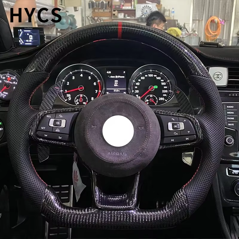 Customized car interior accessories carbon fiber steering wheel wrapped in Alcantara fur for Volkswagen MQB platform Golf GTI