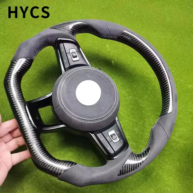Customized car interior accessories carbon fiber steering wheel wrapped in Alcantara fur for Volkswagen MQB platform Golf GTI