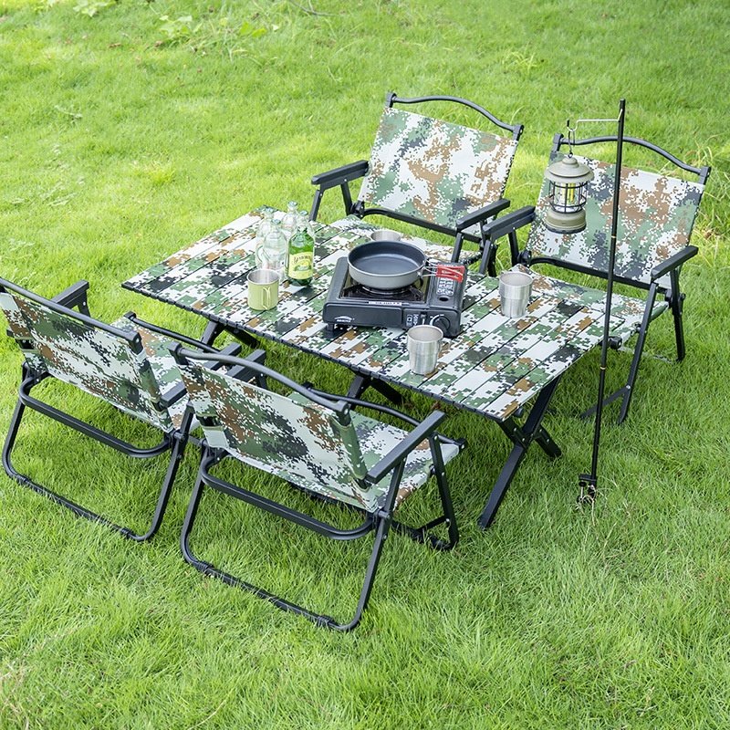 Outdoor Metal Oxford Camouflage Color Portable Folding Picnic Table and Chairs Camping Chair Beach Chair