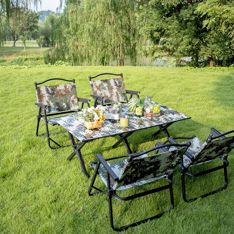 Outdoor Metal Oxford Camouflage Color Portable Folding Picnic Table and Chairs Camping Chair Beach Chair