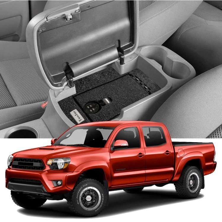 TuoJue 2015-2021 Toyota Tacoma Front Black Central Console Armrest Storage Box Organizer Metal Safe Car Accessories