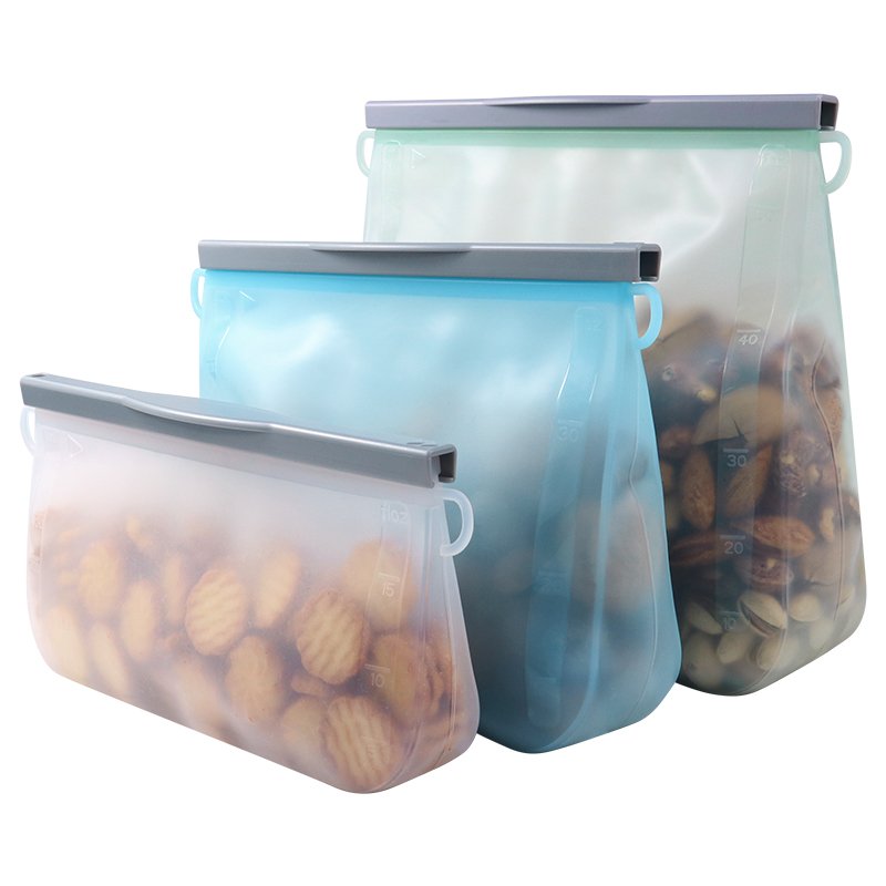 Custom Printed logo Kitchen Accessories Leakproof Food Grade Reusable Ziplock Silicone Food Storage Freezer Sandwich Pouch Bags