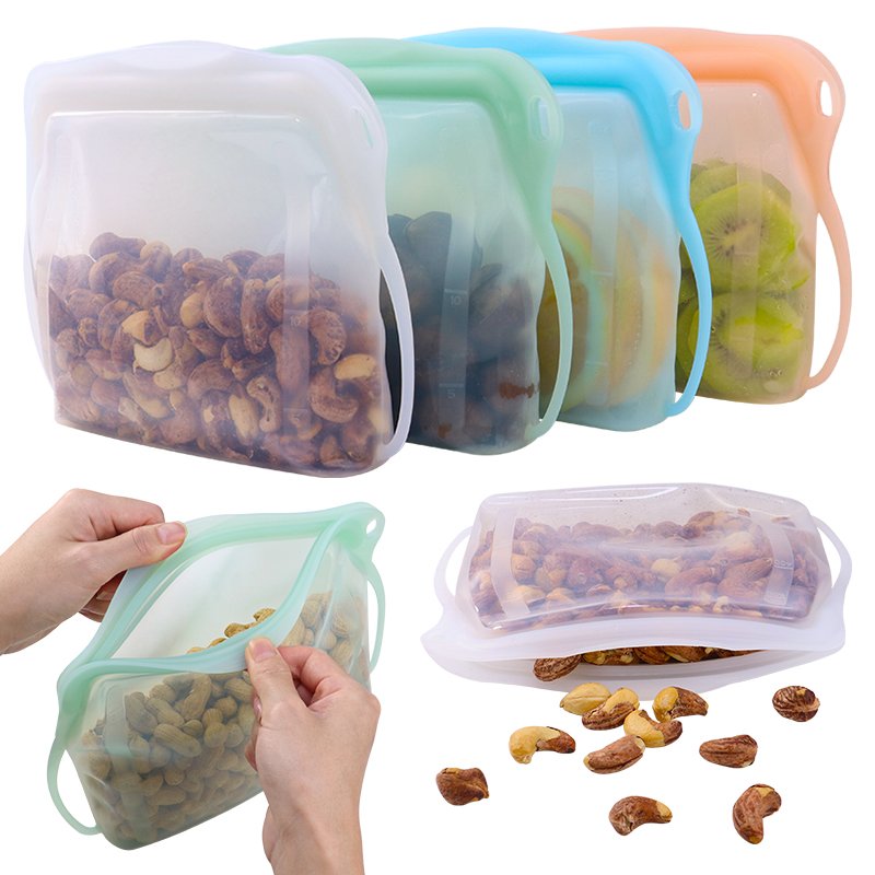 Custom Printed logo Kitchen Accessories Leakproof Food Grade Reusable Ziplock Silicone Food Storage Freezer Sandwich Pouch Bags