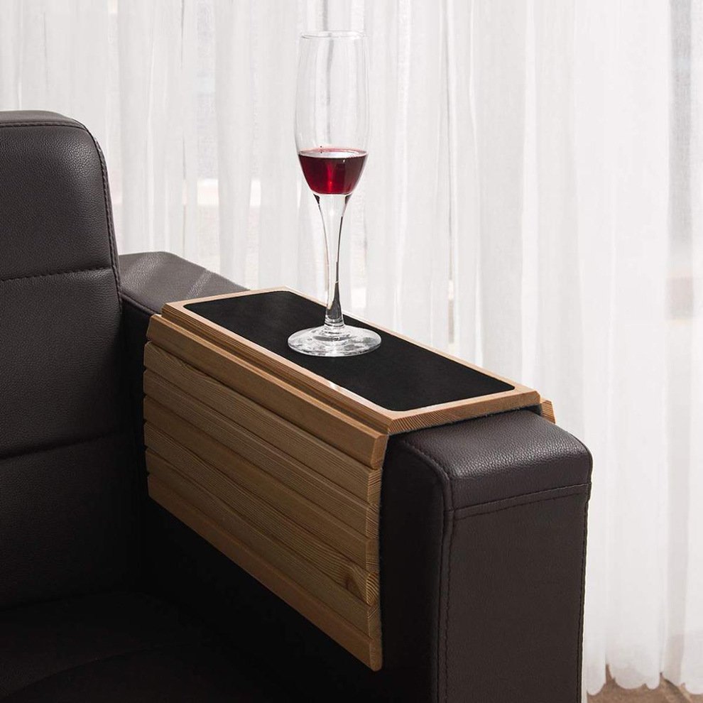Customizable Logos Modern Bamboo Sofa Side Couch Mug Cup Holder Hand Arm Rest Armrest Serving Tray Foldable for Home Living Room