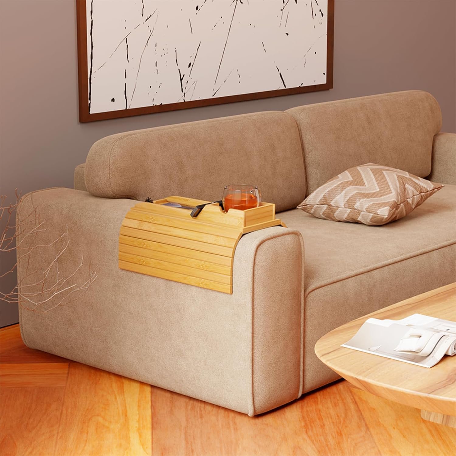 Bamboo Sofa Cup Holder Sofa Tray Cup Holder for Beverage Snacks, Multifunctional Sofa Armrest Tray