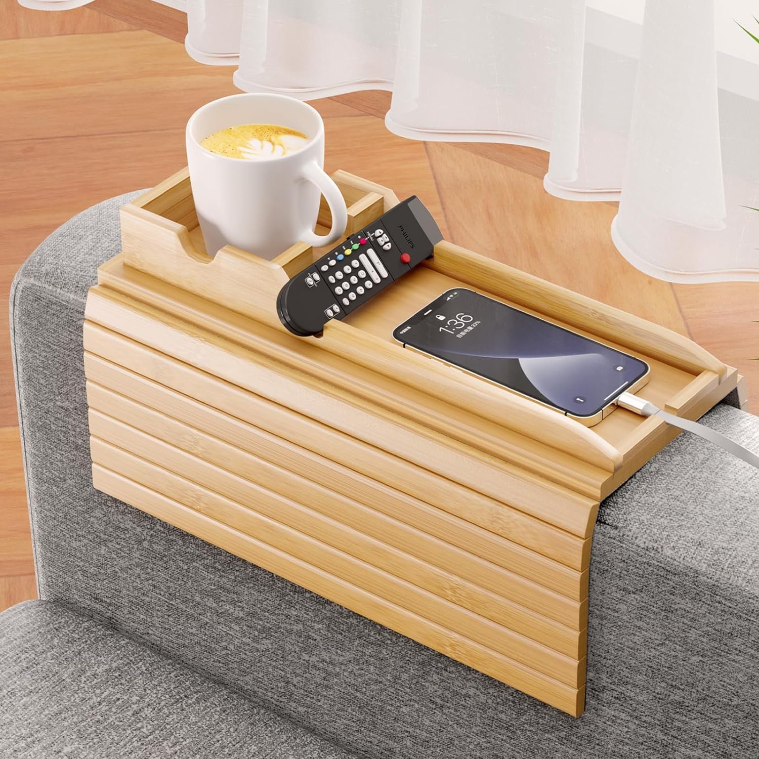 Bamboo Sofa Cup Holder Sofa Tray Cup Holder for Beverage Snacks, Multifunctional Sofa Armrest Tray