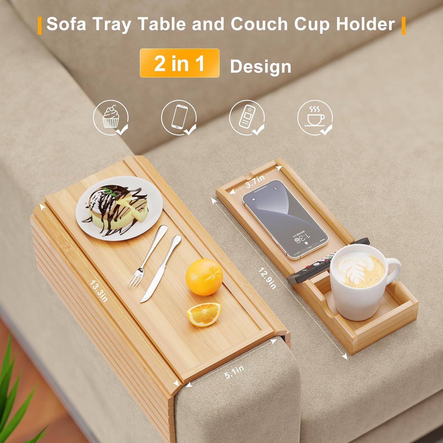 Bamboo Sofa Cup Holder Sofa Tray Cup Holder for Beverage Snacks, Multifunctional Sofa Armrest Tray