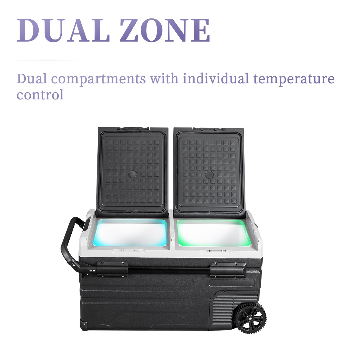 TWW75 72L Portable Car Refrigerator With Wheel and Pull Rod Inner Basket Compressor Dual Zone Individual Temperature Controls