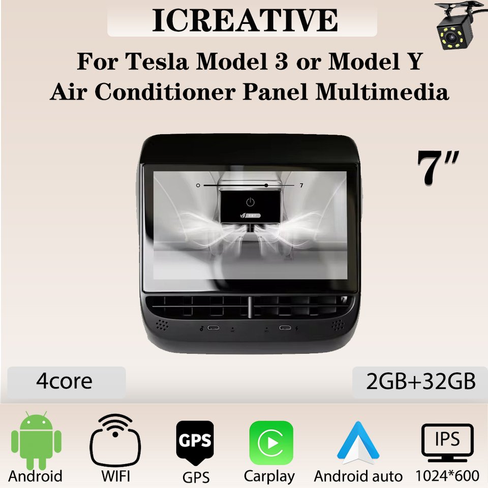 7inch Multimedia Android Screen for Tesla Model Y or Model 3 Car Rear Seat Entertainment Video Player Rear Air Conditioner Panel