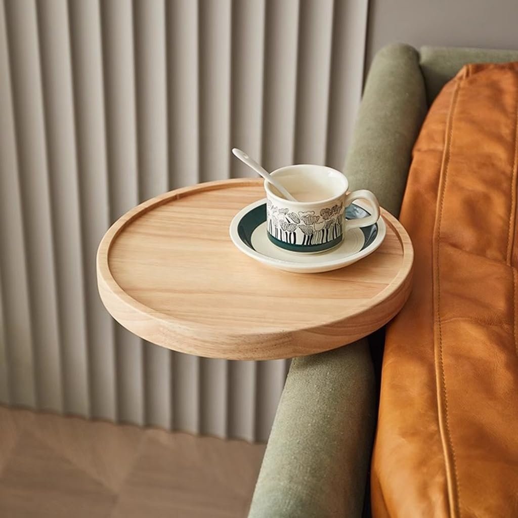Adjustable Round Table Natural Solid Wooden Armrest Sofa Tray for Sofa Eating