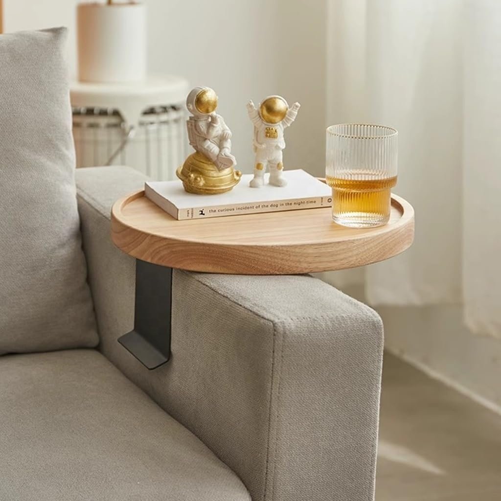 Adjustable Round Table Natural Solid Wooden Armrest Sofa Tray for Sofa Eating