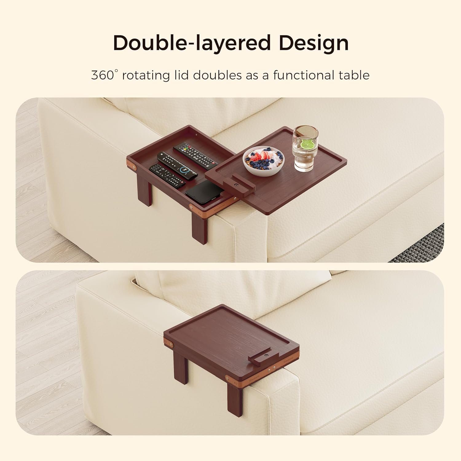 Brown Sofa Armrest Tray with Storage Box, Bamboo Couch Arm Table with Rotating Tabletop and Phone Stand, Adjustable Sofa