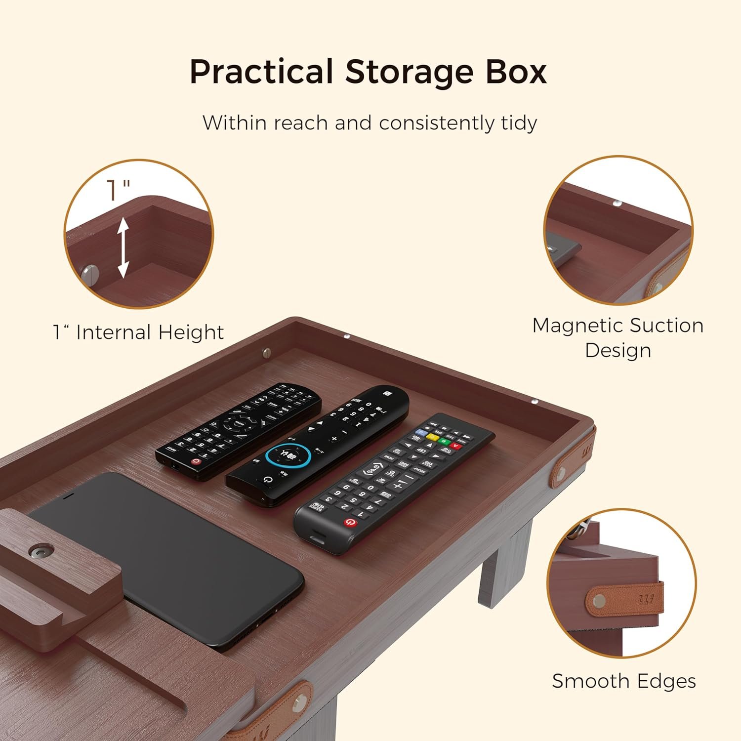 Brown Sofa Armrest Tray with Storage Box, Bamboo Couch Arm Table with Rotating Tabletop and Phone Stand, Adjustable Sofa