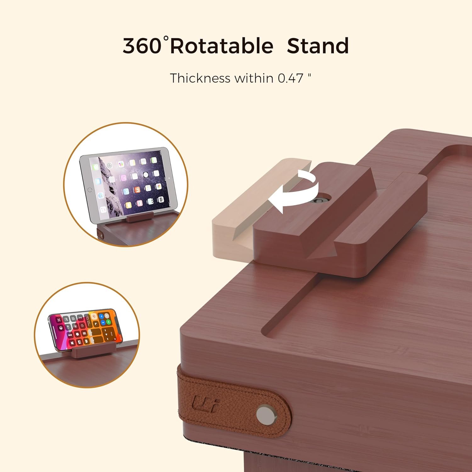 Brown Sofa Armrest Tray with Storage Box, Bamboo Couch Arm Table with Rotating Tabletop and Phone Stand, Adjustable Sofa