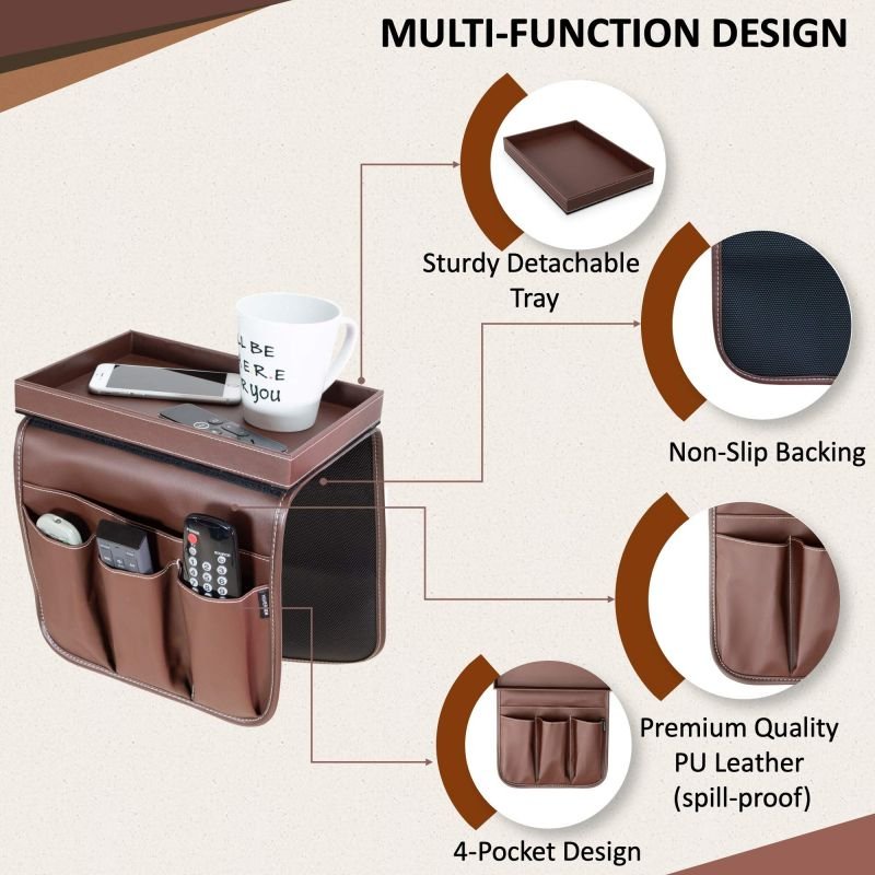 Non-Slip Couch Cup Holder Detachable Snack Tray PU Leather Armrest Cup Holder Couch Arm Tray Remote Control Holder