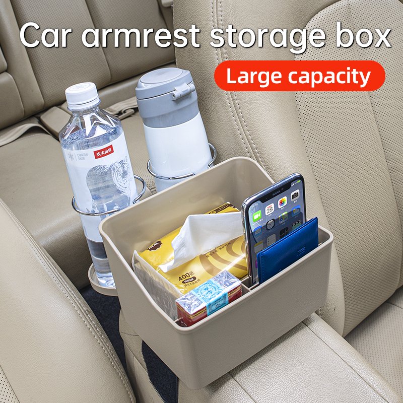 Car Accessories Mineral Water Bottle Cup Holder Car Tissue Storage Box Car Armrest Storage Box With 2 Foldable Cup Holder