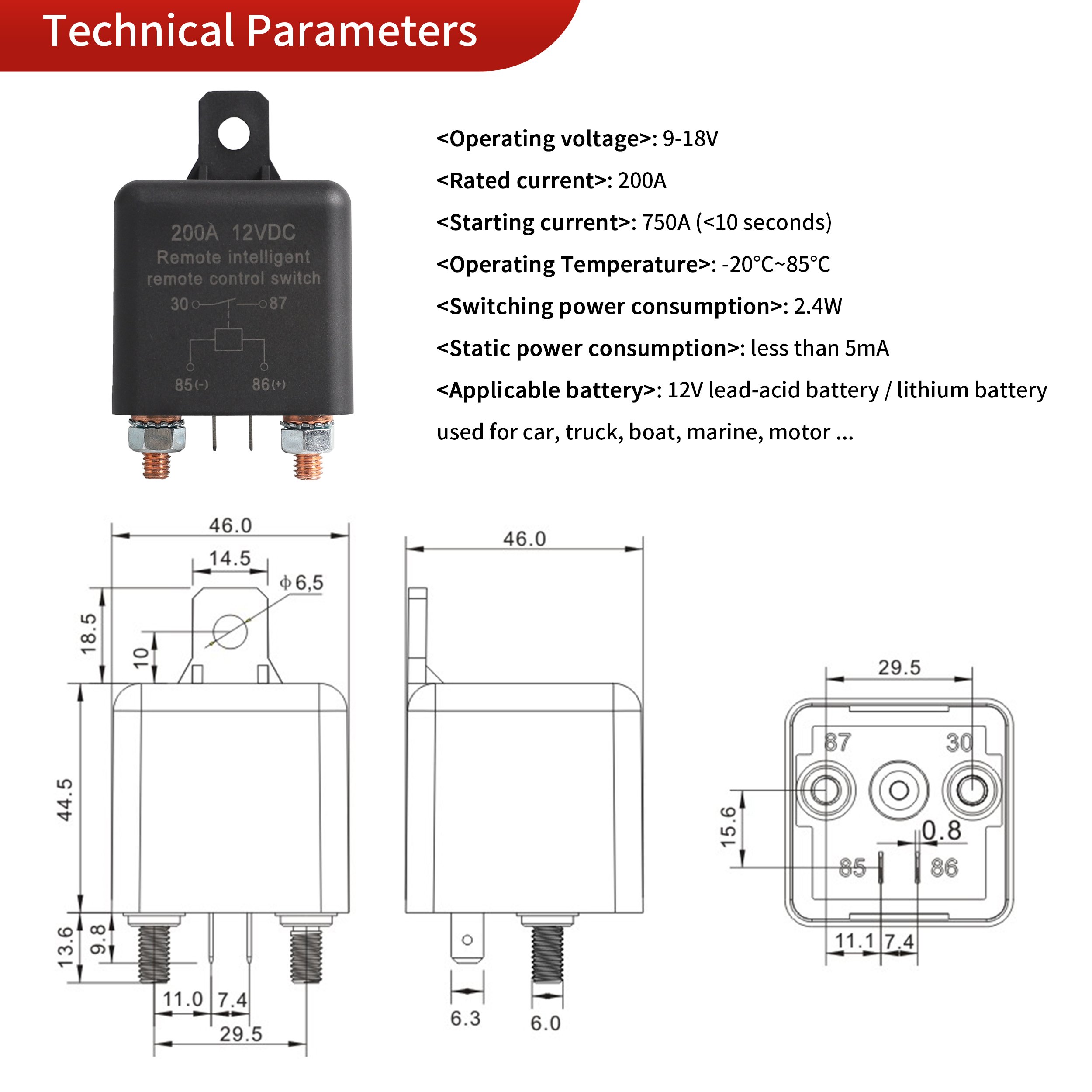 Wireless Key Relay Switch 200A DC Remote Control Battery Switch for Auto Truck Pickup Jets