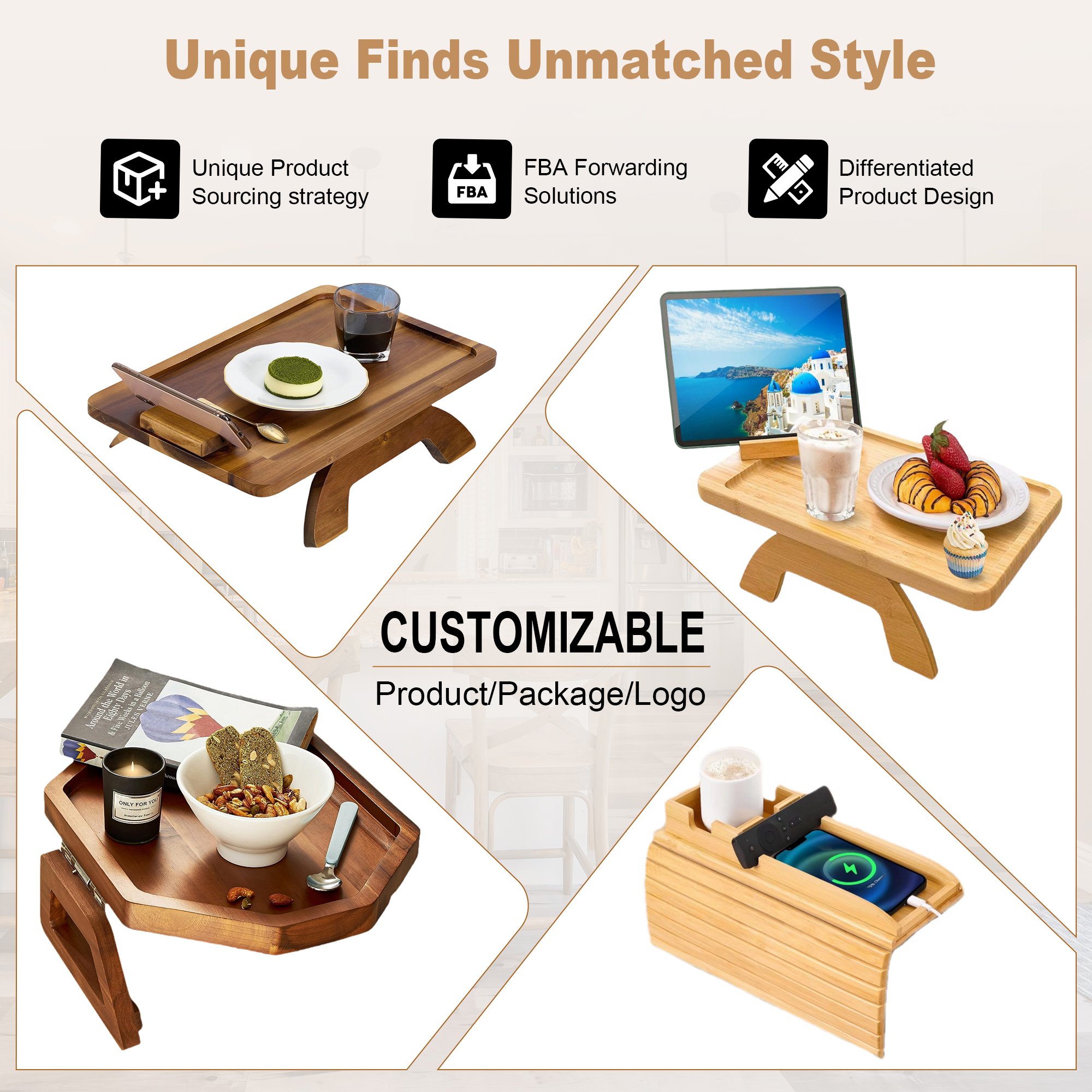 2 Tiered Bamboo Couch Arm Tray with Storage Box Sofa Table with Rotating Phone Holder End Side Desk Armrest Remote Organizer