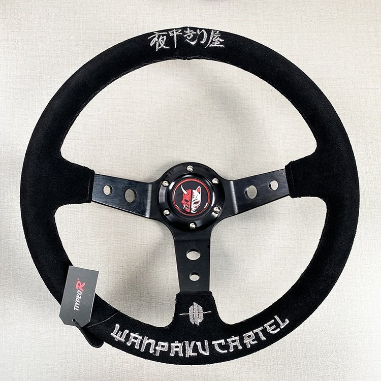 Universal 350MM Suede Leather Car Steering Wheel Drift Racing Type High Quality Hand Stitch Logo Custom Unique Steering Wheel