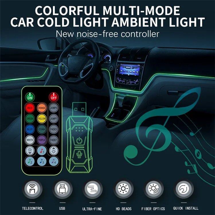 High Quality RGB Car Interior Decorative Atmosphere Light Accessories Flexible Center Console Remote Control Fiber Optic Strips