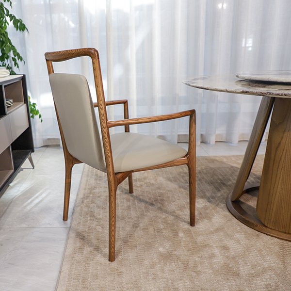 High Back Wooden Legs Chair With Armrest Upholstered Leather Arm Dining Lounge Stool Chair