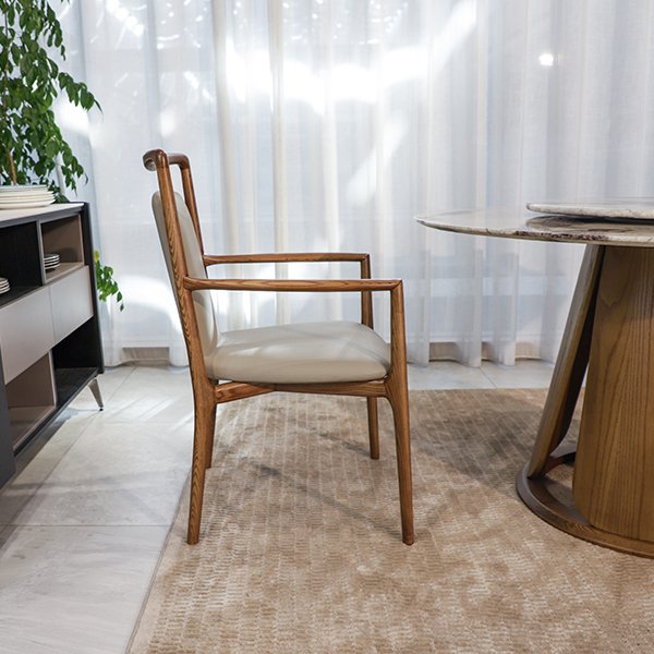 High Back Wooden Legs Chair With Armrest Upholstered Leather Arm Dining Lounge Stool Chair
