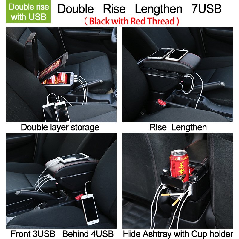 Center Console Organizer Car Armrest Single Double Layer Storage Box With USB Charger Car Accessories New Design Universal Black