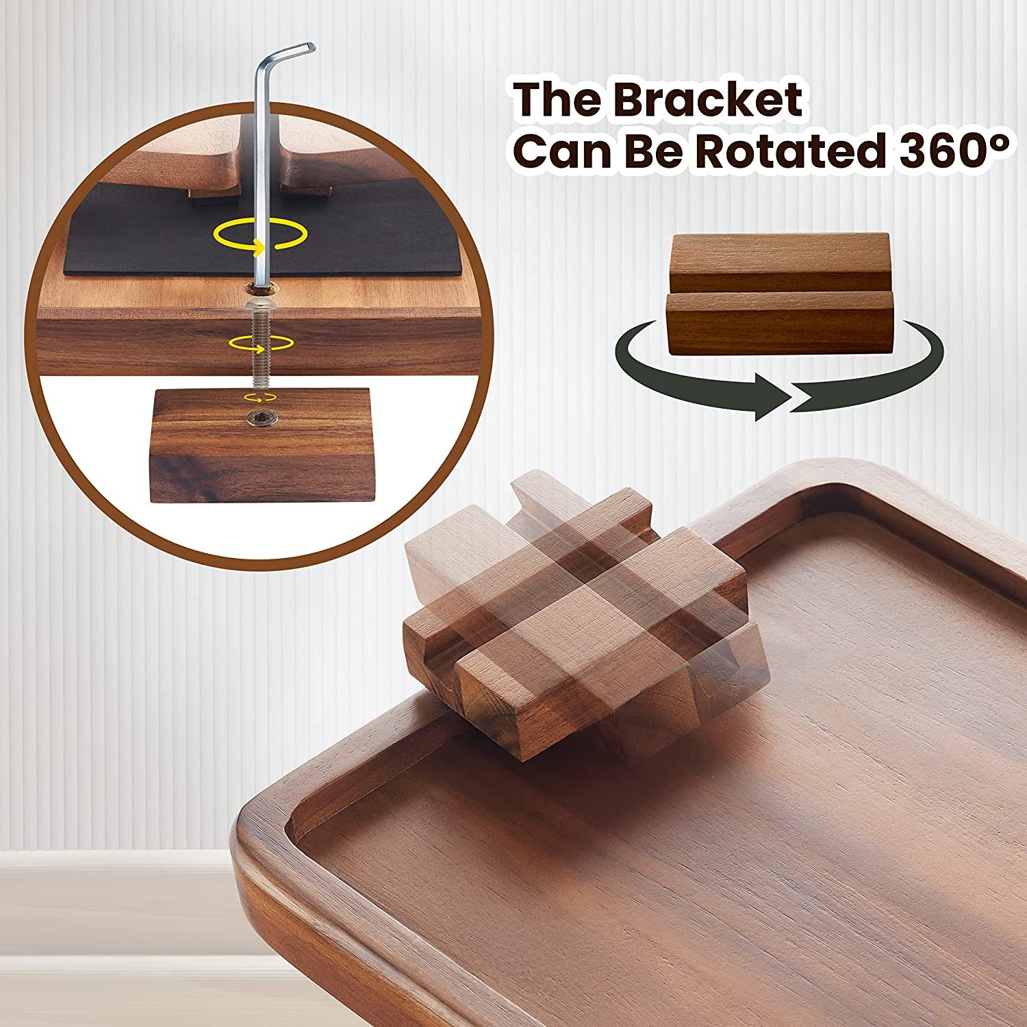 Acacia Wood Sofa Tray Table Clip on Side Table Couch Arm with Rotating Phone Holder, Couch Tray for Arm