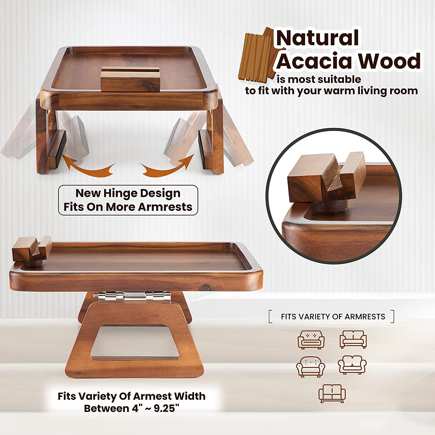 Acacia Wood Sofa Tray Table Clip on Side Table Couch Arm with Rotating Phone Holder, Couch Tray for Arm
