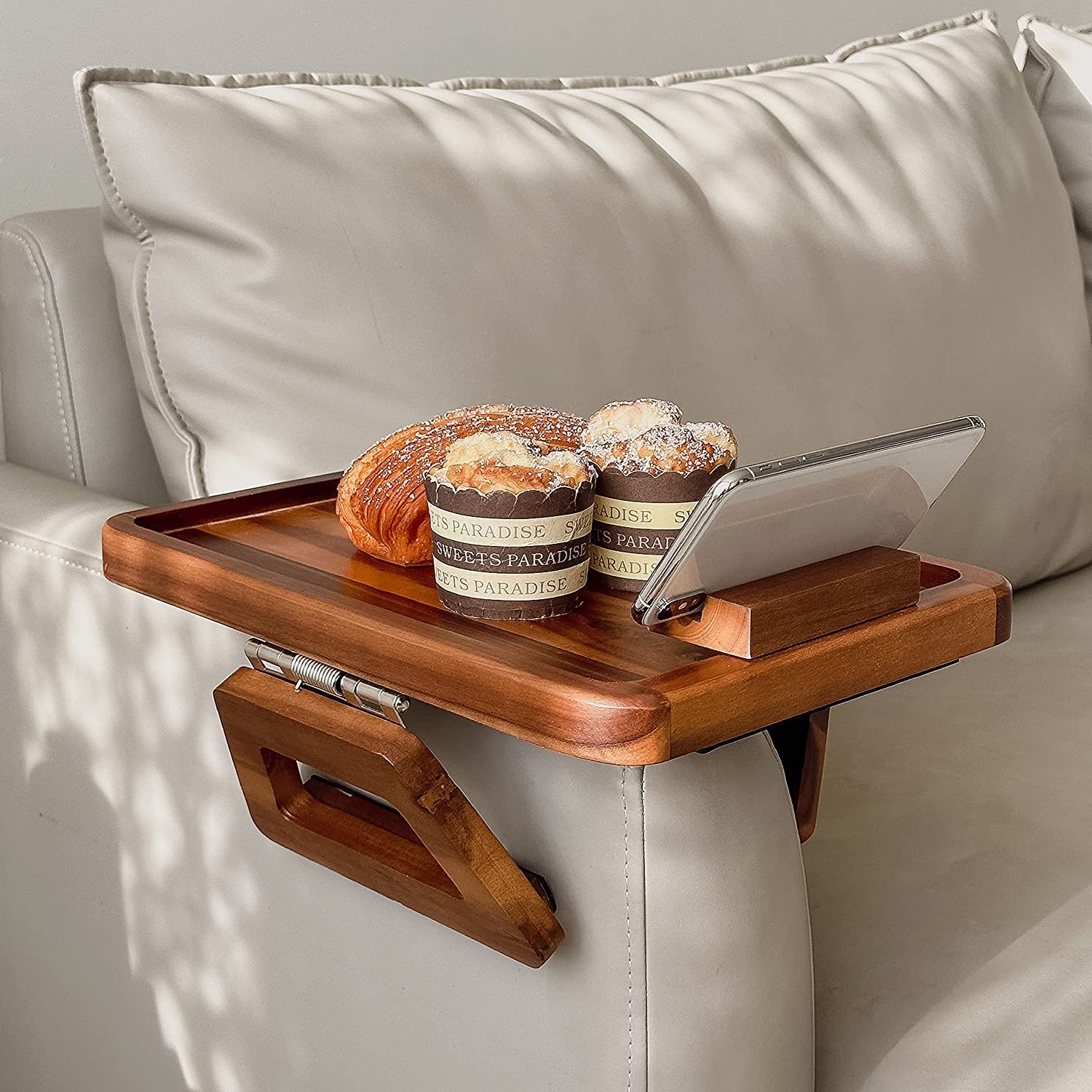 Acacia Wood Sofa Tray Table Clip on Side Table Couch Arm with Rotating Phone Holder, Couch Tray for Arm