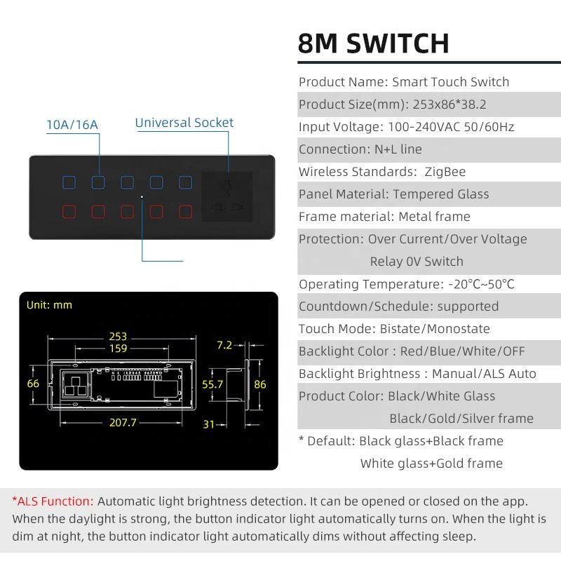 8MTuya Smart Life Home Multifunction Combination Glass Touch Switch Wall Socket New Zigbee India 16a Max. 10a 240v Hotels WiFi