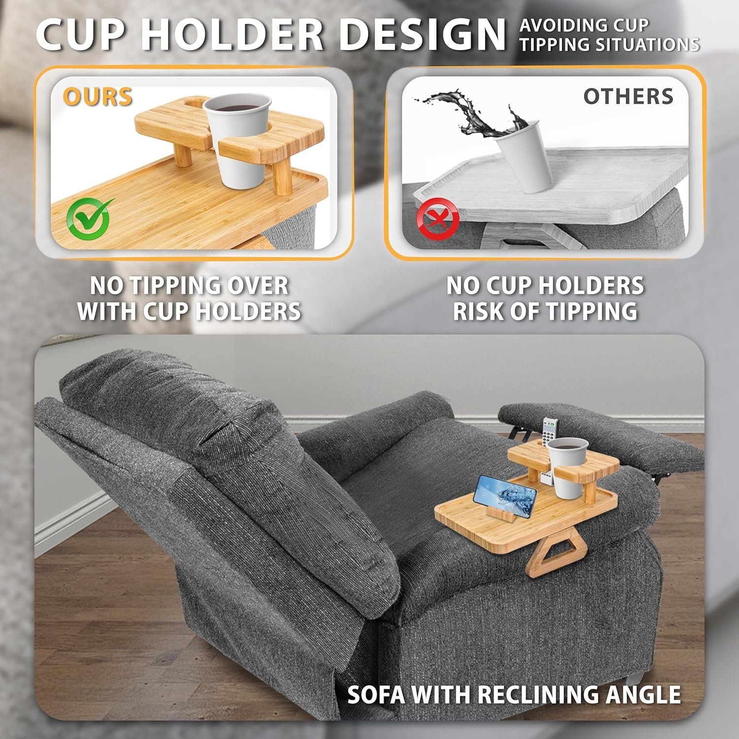 Sofa Snack Tray, Double Layer Sofa Arm Tray Foldable, Bamboo Sofa Cup Holder Sofa Armrest Tray
