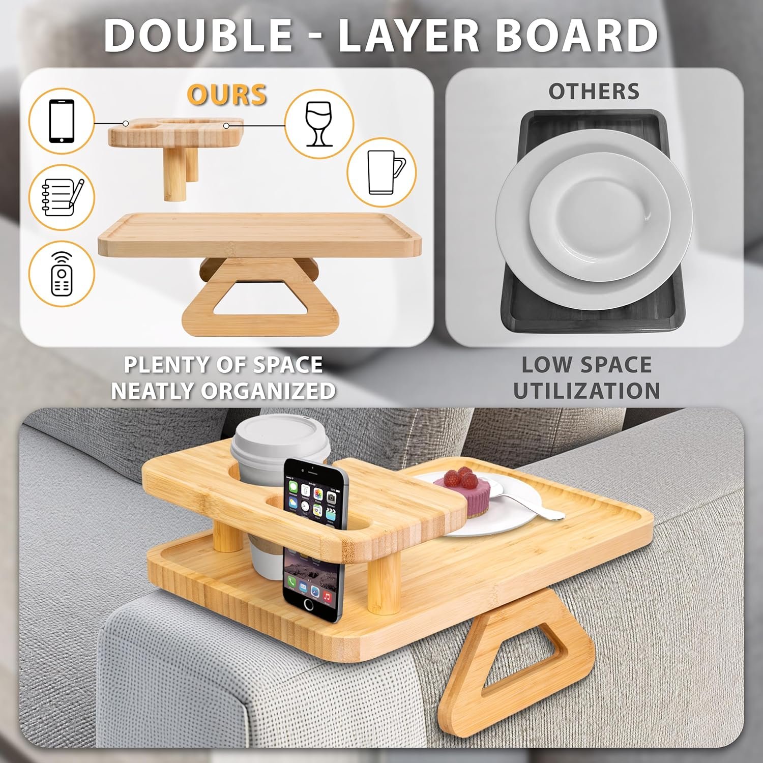 Sofa Snack Tray, Double Layer Sofa Arm Tray Foldable, Bamboo Sofa Cup Holder Sofa Armrest Tray
