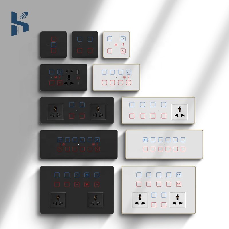 Smart Switch and Socket Combination Panel Tuya Smart WiFi Glass Touch Light+Curtains+Dimming+Fan Switch
