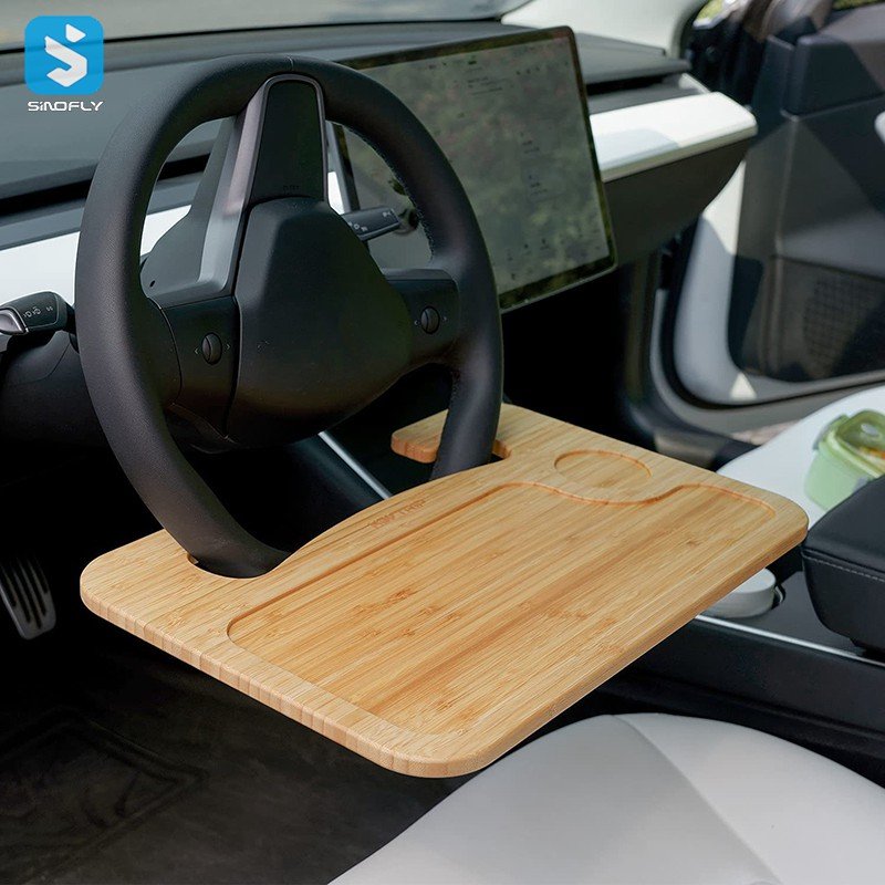 Bamboo Wood Car Steering Wheel Desk Tray Table Food Eating Laptop Holder with Cell Phone Stand