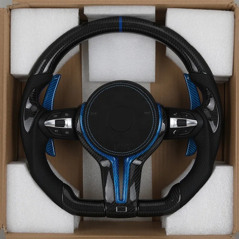 With Blue Shifter Paddle Insert Trim Leather Carbon M Sport Steering Wheel for BMW F10 F30 M3 F80 M4 F82 M5 F90 M8 F92 X3M F97
