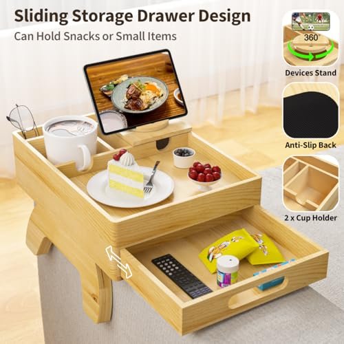 Custom Bamboo Couch Cup Holder Tray Sofa Arm Tray Clip-On Side Table with Push-Pull Drawer Sofa Cup Holder for Drink Snack