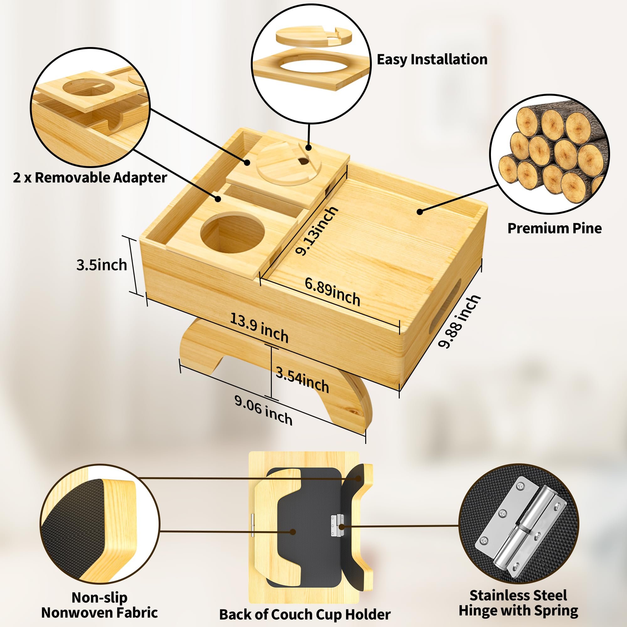 Custom Bamboo Couch Cup Holder Tray Sofa Arm Tray Clip-On Side Table with Push-Pull Drawer Sofa Cup Holder for Drink Snack