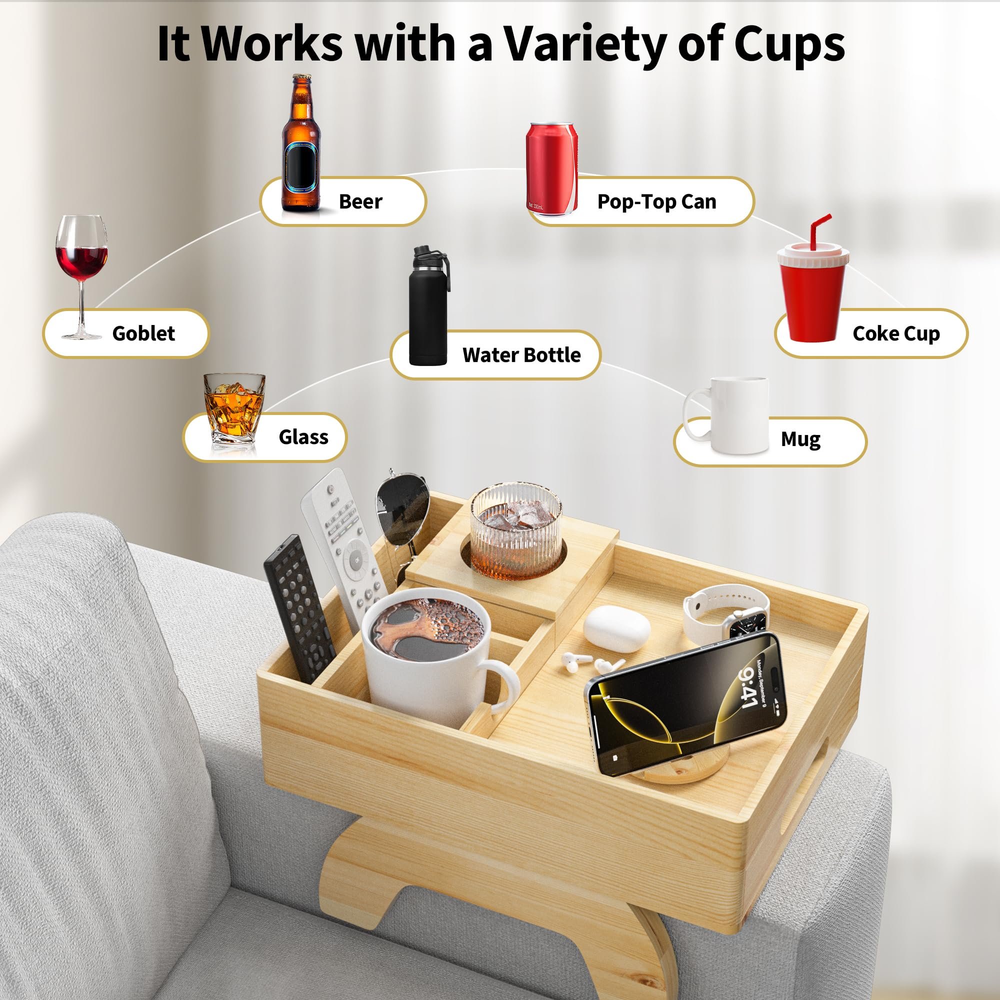 Custom Bamboo Couch Cup Holder Tray Sofa Arm Tray Clip-On Side Table with Push-Pull Drawer Sofa Cup Holder for Drink Snack