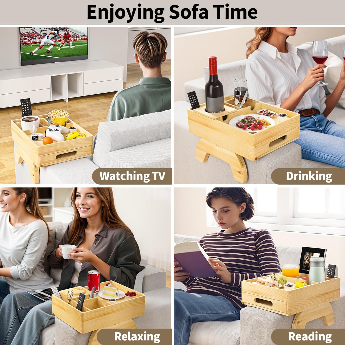 Custom Bamboo Couch Cup Holder Tray Sofa Arm Tray Clip-On Side Table with Push-Pull Drawer Sofa Cup Holder for Drink Snack
