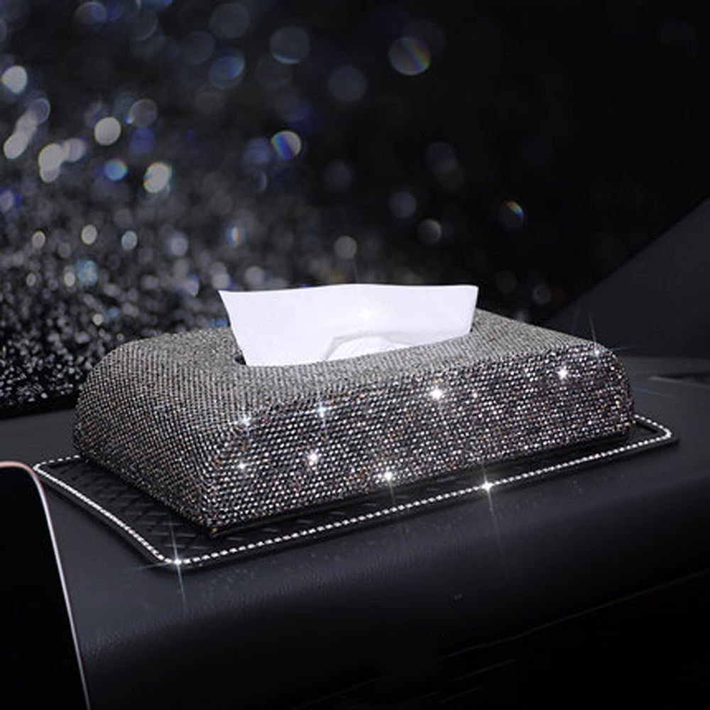 Luxury Crystal Universal Armrest Box Center Console Leather Rhinestone Decoration Rectangle Napkin Tissue Box