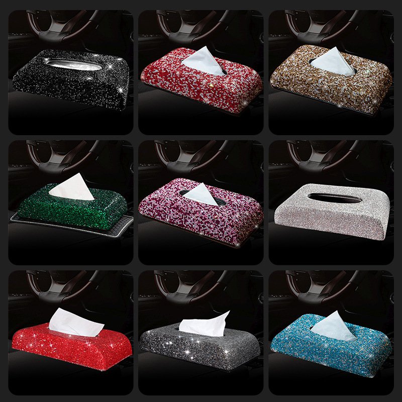 Luxury Crystal Universal Armrest Box Center Console Leather Rhinestone Decoration Rectangle Napkin Tissue Box